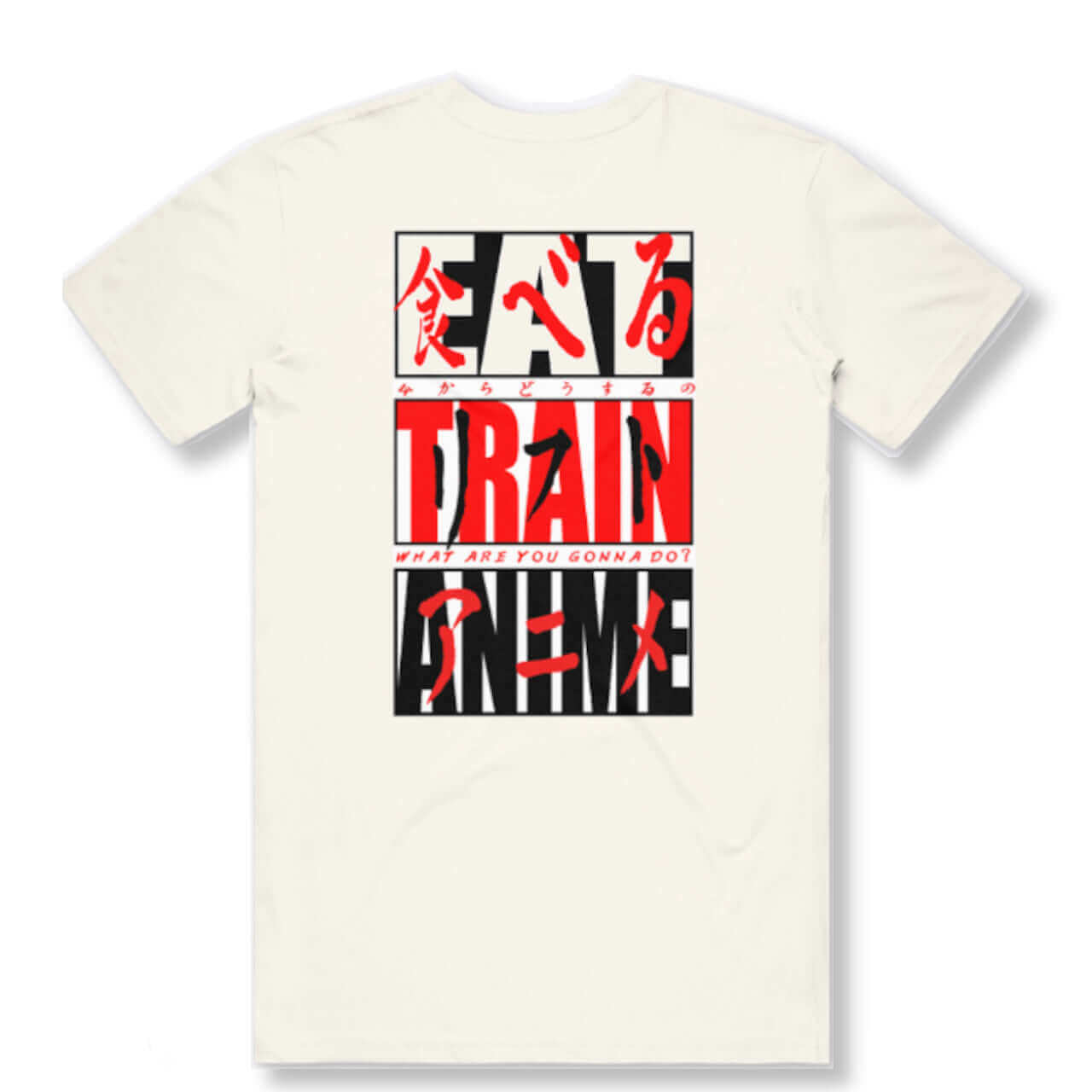 Eat, Train, Anime Shirt design on the back of a comfort colors product