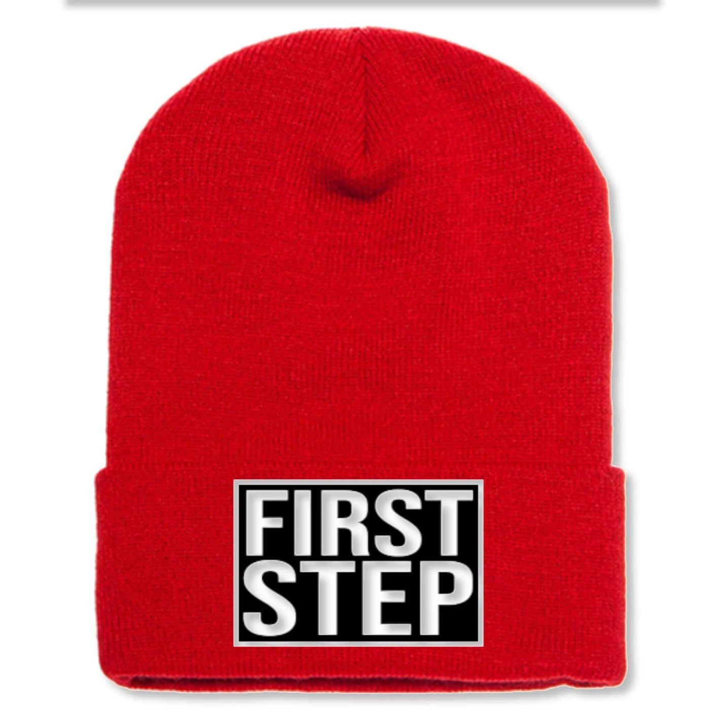 Red Beanie with a First Step Apparel Patch